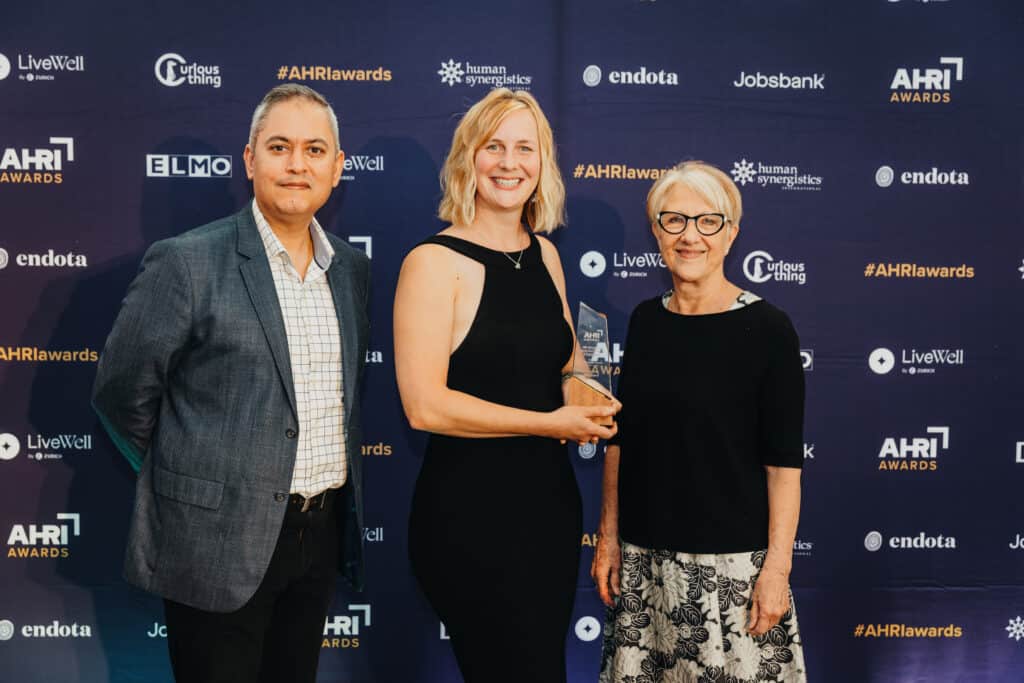 (L-R) Jobsbank Board Director Sam Sondhi, Jobsbank Strategy, 2022 AHRI HR Diversity and Inclusion Champion Tara Keast,
Business & Governance Director Edel Conroy